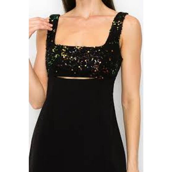 INA Yoke Embroidery Sequined Square Neck Party Mini Dress Black IDL9289 Large L - Picture 3 of 7